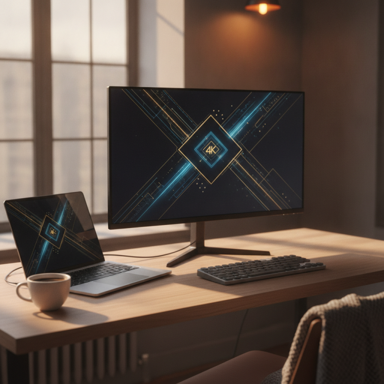 A clean, minimalist modern desk setup featuring a high-end laptop with an external 4K monitor displaying abstract geometric digital document blueprints, surrounded by a ceramic coffee cup and a sleek mechanical keyboard, cinematic warm ambient office lighting, no logos, no text.