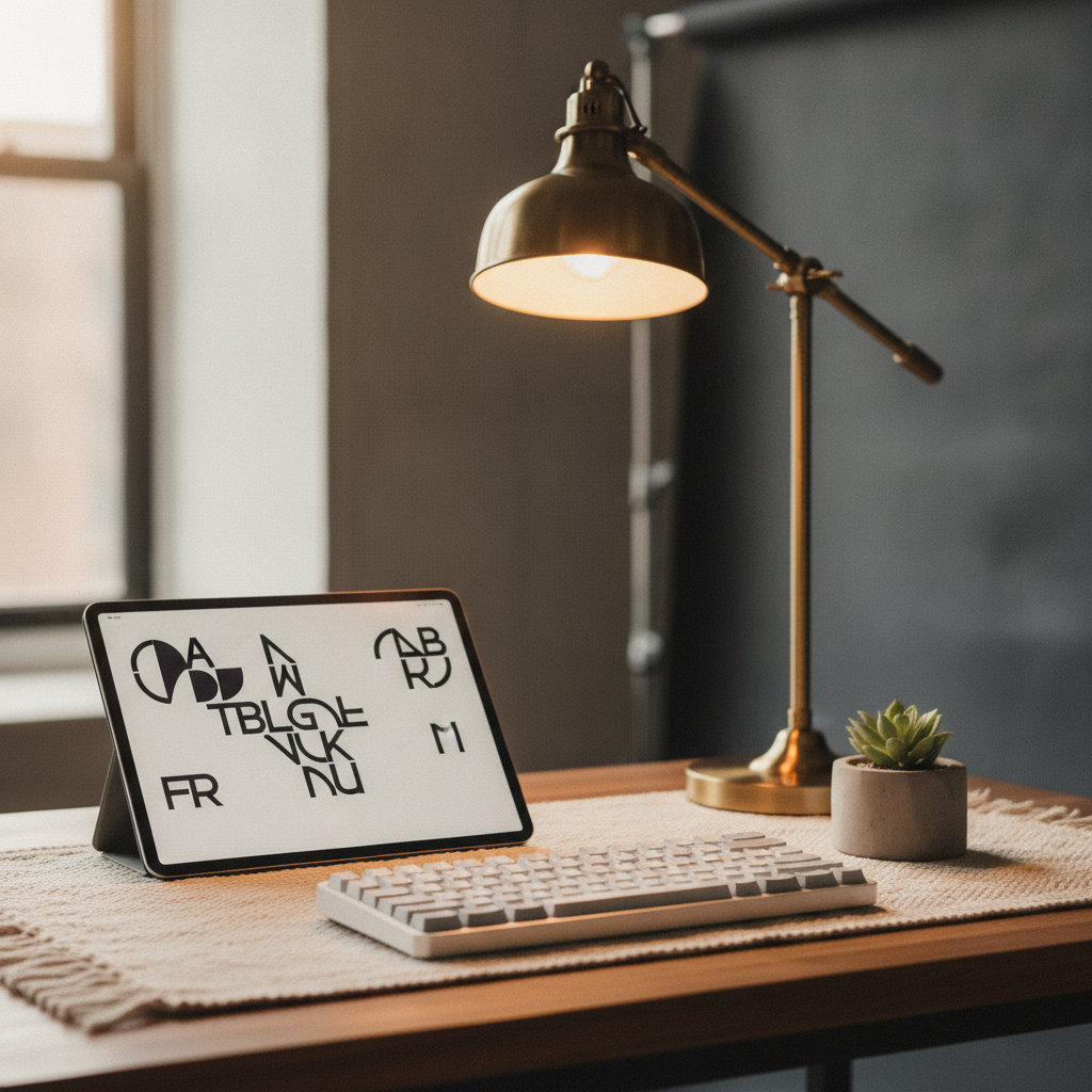 A clean wooden desk setup featuring a tablet displaying fixed-layout vector typography, a modern mechanical keyboard, potted succulent, warm ambient desk lamp, shallow depth of field, 8k resolution, cinematic lighting, zero text
