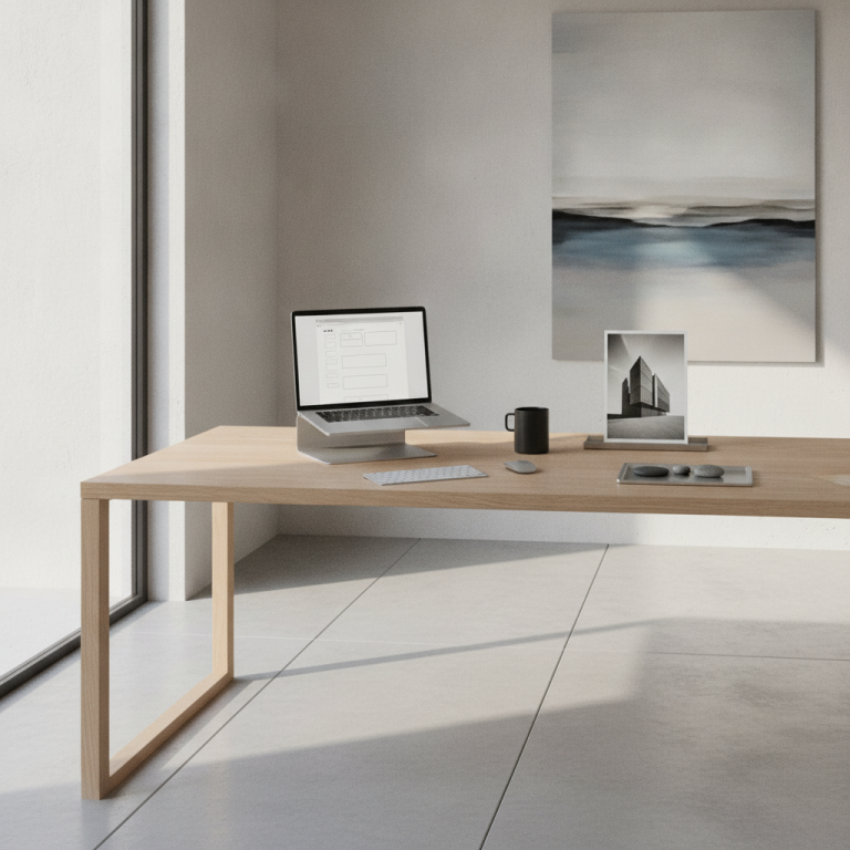 A sophisticated, minimalist creative studio workspace with a sleek laptop displaying crisp document wireframes, soft morning window light, high-end aluminum hardware, a ceramic coffee cup, photorealistic architectural photography style, zero text, zero logos
