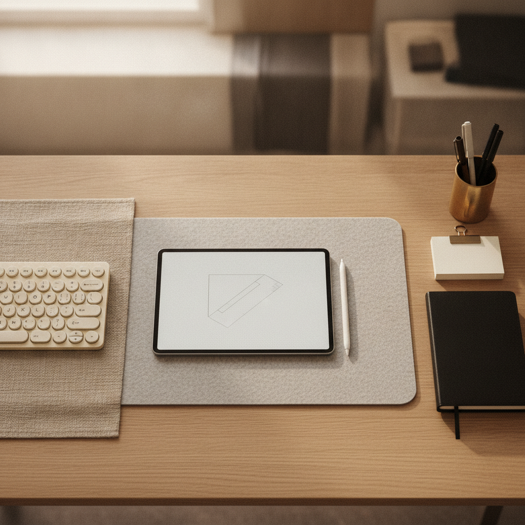 Overhead top-down flatlay of an architect or legal professional's clean desk workspace, sleek tablet and stylus, wireless mechanical keyboard, neat stationery, soft diffused workspace lighting, cinematic depth of field, strictly no text or brand marks.