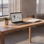 Photorealistic modern minimalist creative studio desk, high-end aluminum laptop open displaying clean digital document interfaces, natural morning window illumination, potted succulent, premium notebook, zero text, zero logos, warm aesthetic lighting.