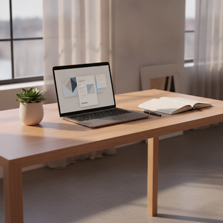 Photorealistic modern minimalist creative studio desk, high-end aluminum laptop open displaying clean digital document interfaces, natural morning window illumination, potted succulent, premium notebook, zero text, zero logos, warm aesthetic lighting.