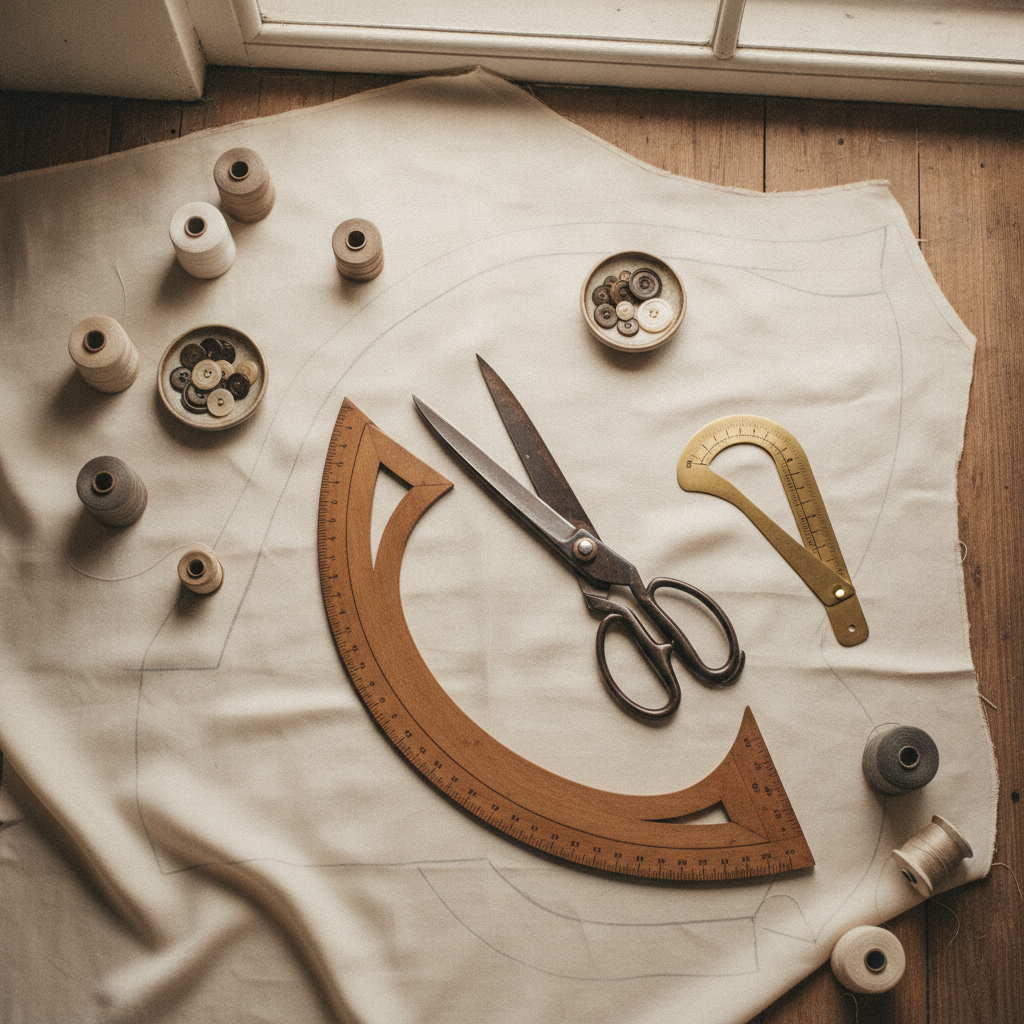 Overhead atelier flat lay of pattern drafting instruments, heavy shears, chalk marking on fine silk fabric, wooden curves, and brass seam gauge.