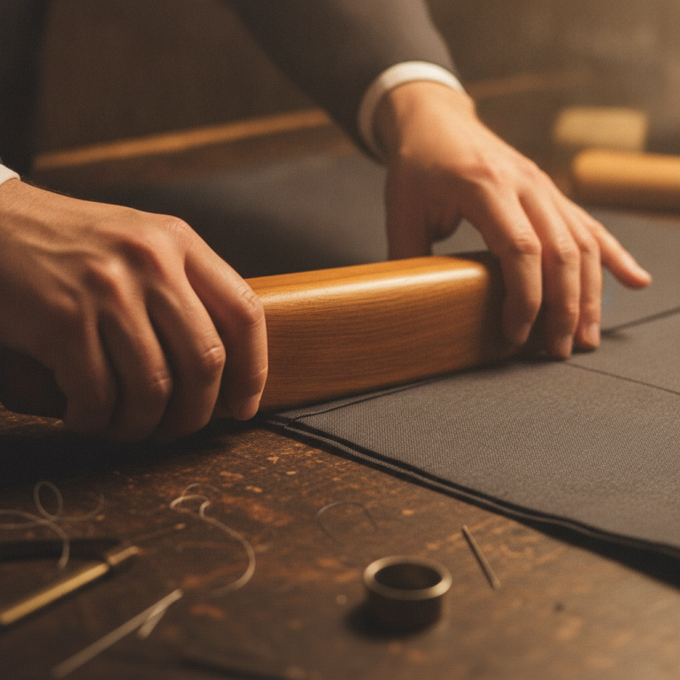 Close-up macro photography of a tailor's hands pressing open a crisp wool suiting seam using a polished wooden tailor's clapper on a dark wood cutting table, warm atmospheric atelier lighting.