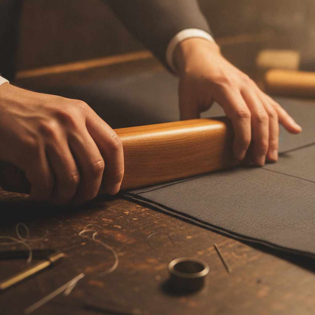 Close-up macro photography of a tailor's hands pressing open a crisp wool suiting seam using a polished wooden tailor's clapper on a dark wood cutting table, warm atmospheric atelier lighting.