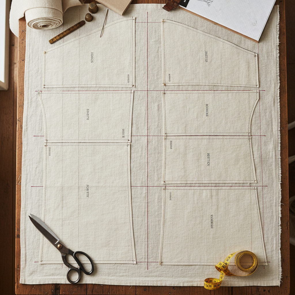Overhead flat-lay photograph of garment pattern pieces arranged precisely along the grainline on wide textured linen fabric, tailor pins, measuring tape, and cutting shears visible, artisanal atelier setting