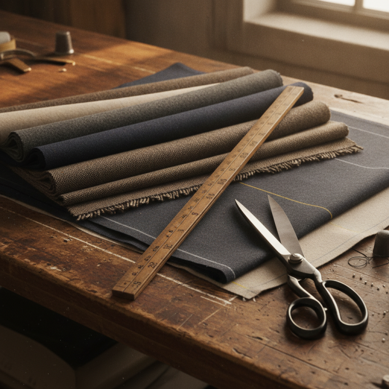 A master tailor's wooden workbench with folded bolts of wool fabric in varying widths, a vintage tailor's wooden yardstick, sharp tailor shears, and chalk lines marking cutting layouts, soft dramatic atelier lighting, macro professional photography