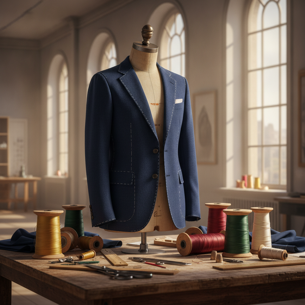 Editorial medium shot of an artisanal fashion workshop showing a half-finished tailored blazer on an antique dressmaker mannequin, spools of silk thread, drafting rulers, and clean architectural daylight.