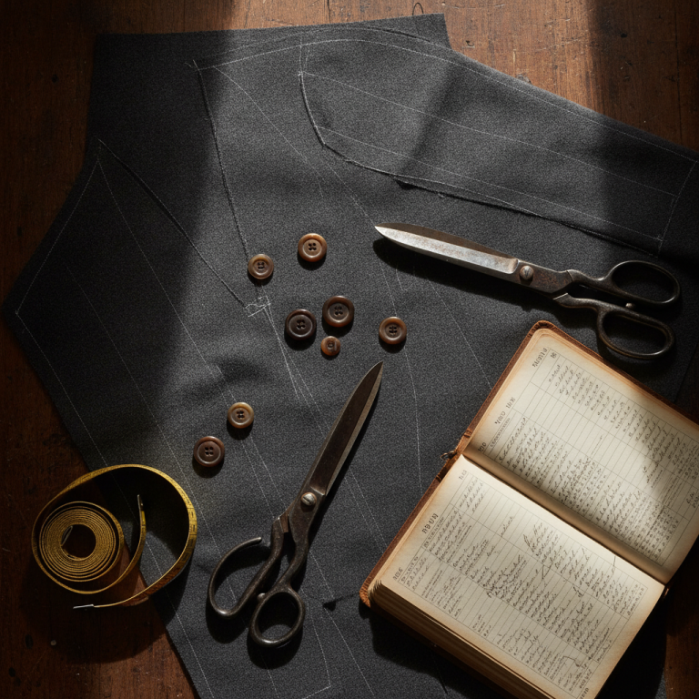 Close-up overhead photography of a bespoke tailor's workbench with chalk markings on charcoal wool flannel, horn buttons, tailor shears, measuring tape, and an open leather financial ledger, dramatic moody atelier lighting.
