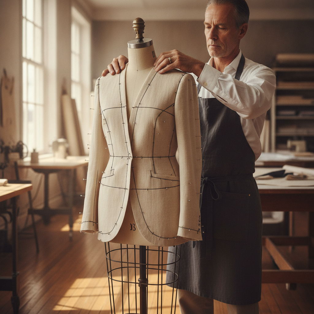 A master tailor draping an unbleached cotton muslin toile on a tailored mannequin, marked with black grainline twill tape and pins, showing balance lines and darts in a bright couture atelier.