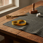 A close-up atelier view of a tailor's measuring tape placed over structured tweed fabric beside chalk drafting marks, professional garment making tools on a wooden cutting table, soft natural daylight.