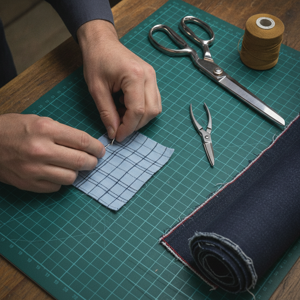 Close-up photograph of tailor hands pinning a warp-grain test square onto a drafting cutting mat next to tailoring shears, thread snips, and raw selvedge denim
