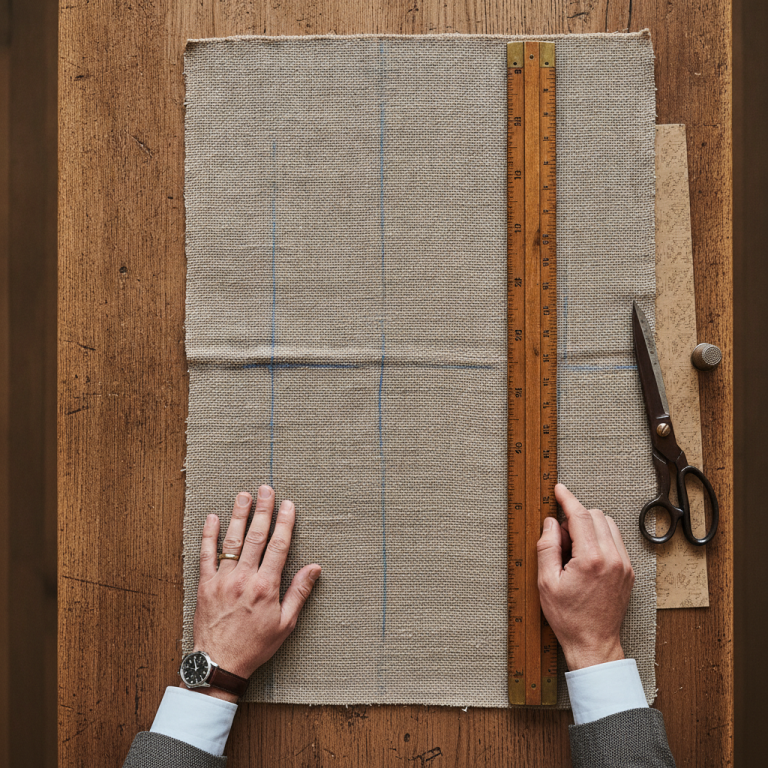Overhead macro shot of a bespoke tailor measuring a pressed woven linen test swatch with a vintage wooden meter stick on an oak cutting table, showing clear basted chalk marks and fine fabric texture