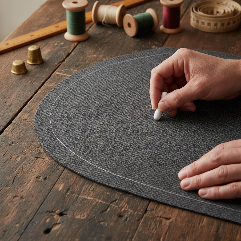 Close-up detailed shot of tailor chalk drawing precise seam allowances around a wool pattern piece on an antique workroom table, thread spools and measurement tools in soft-focus background.