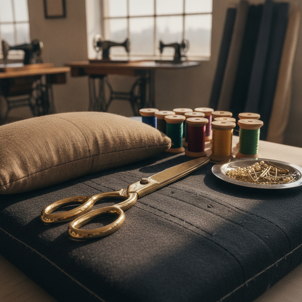 Macro shot of high-end tailoring tools: brass tailor's shears, spools of silk thread, pins in a magnetic dish, and marked trouser leg on a canvas pressing ham, shallow depth of field