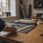 Close-up photography of a tailor using chalk and a wooden ruler to mark the hemline of a bespoke wool suit jacket on an oak cutting table, soft natural daylight, professional atelier atmosphere