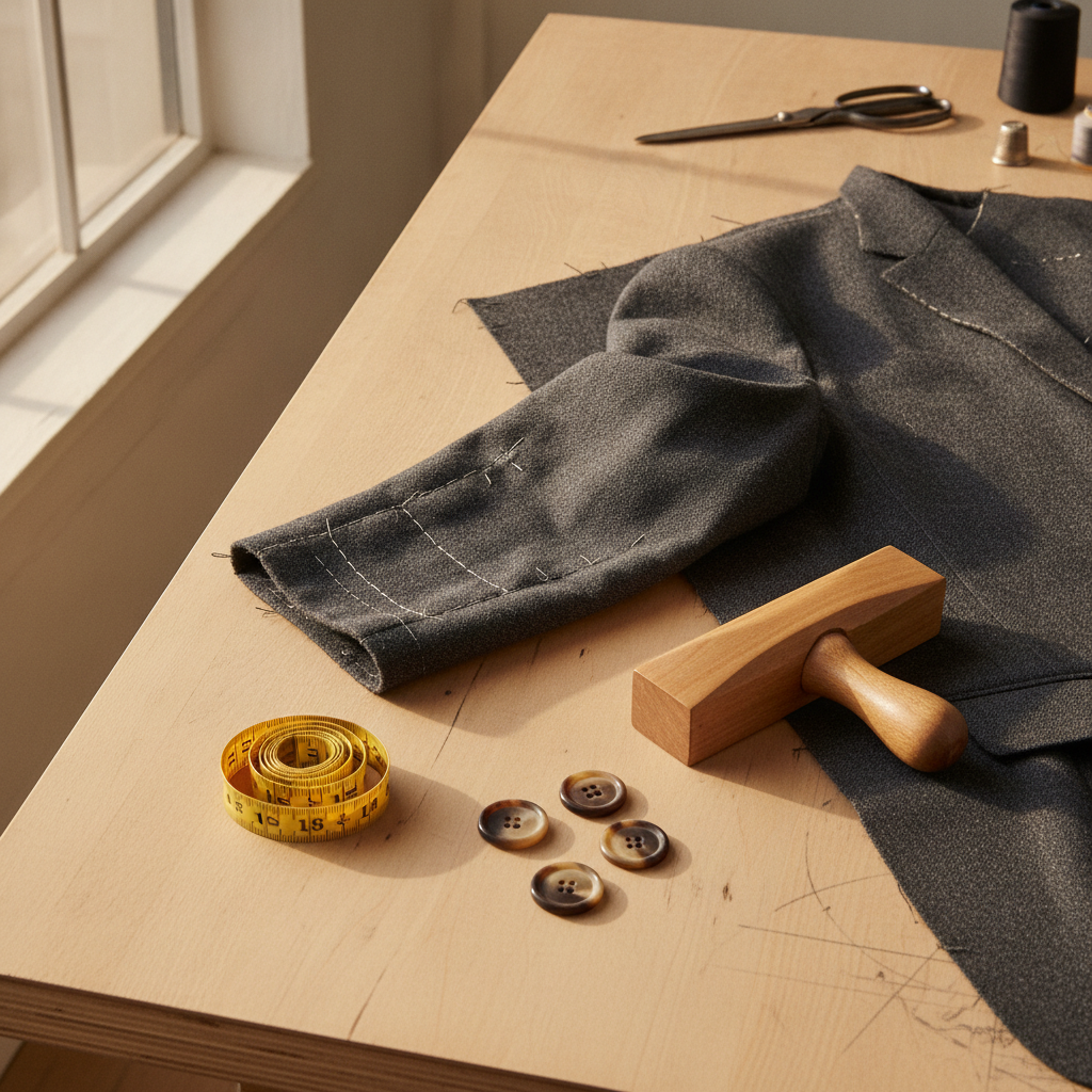 Flat-lay of tailored jacket construction sub-assembly, sleeve head ease, basting stitches, wooden tailor clapper, horn buttons, tape measure, professional tailoring studio setting