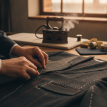 High-end bespoke tailoring workbench, tailor hands basting horsehair canvas to charcoal wool jacket front, tailor chalk lines, thread tracing, steam iron in background, warm atmospheric workshop lighting, macro shallow depth of field
