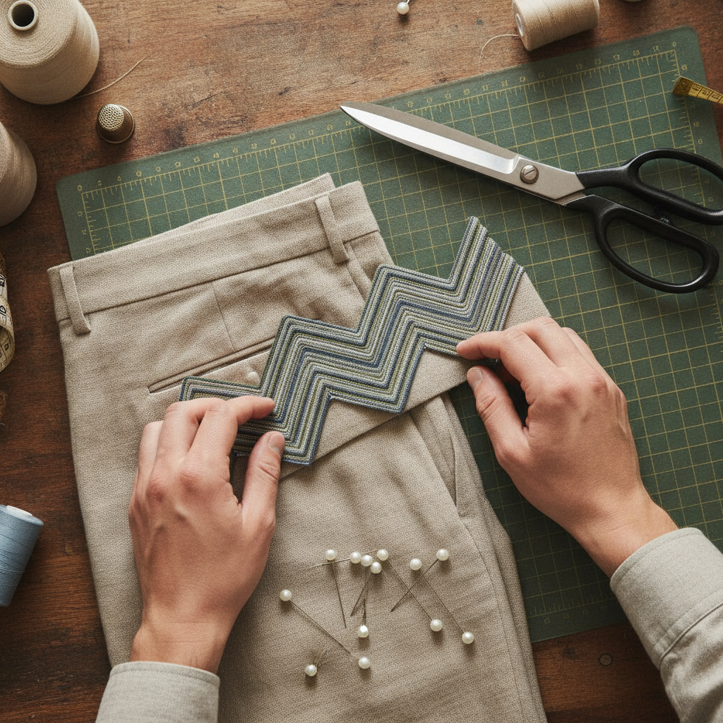 A clean overhead photograph of hands adjusting folded woven elastic tape on a cutting mat with tailored linen trousers, professional sewing pins, and fabric shears nearby, aesthetic artisan workshop.