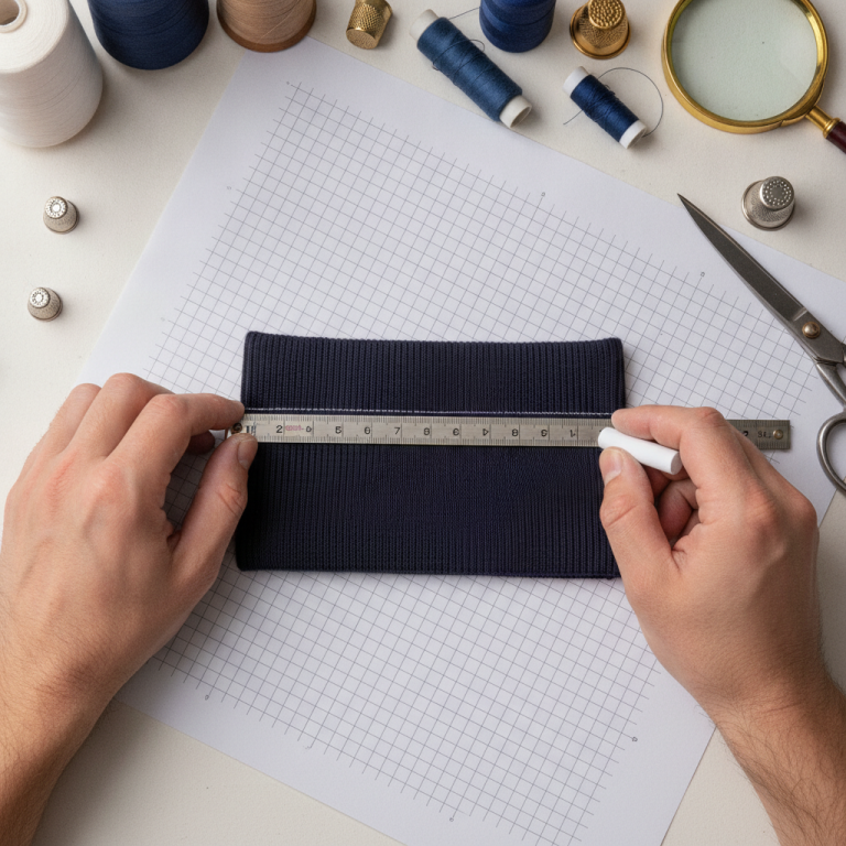 A macro top-down workshop photograph of a bespoke tailor using chalk to mark quarter-points on a navy blue ribbed collar band against white measuring grid paper, high detail, studio lighting.