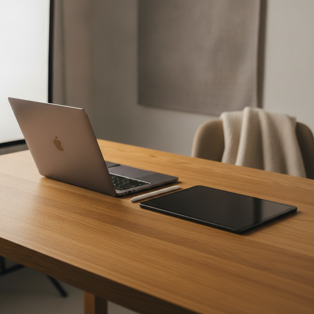 Close-up perspective shot of a contemporary digital workspace, ultra-thin laptop beside a digital tablet and stylus, warm oak wood desk texture, clean lines, ambient soft studio lighting, focused productivity atmosphere, no visible text or brand emblems