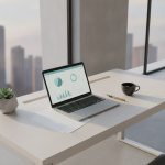 Photorealistic overhead shot of a minimalist creative executive desk, sleek aluminum laptop displaying a clean modern user interface with file management charts, brass fountain pen, ceramic coffee cup, soft morning architectural sunlight, zero text, zero logos, cinematic 8k resolution