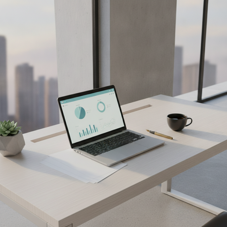 Photorealistic overhead shot of a minimalist creative executive desk, sleek aluminum laptop displaying a clean modern user interface with file management charts, brass fountain pen, ceramic coffee cup, soft morning architectural sunlight, zero text, zero logos, cinematic 8k resolution