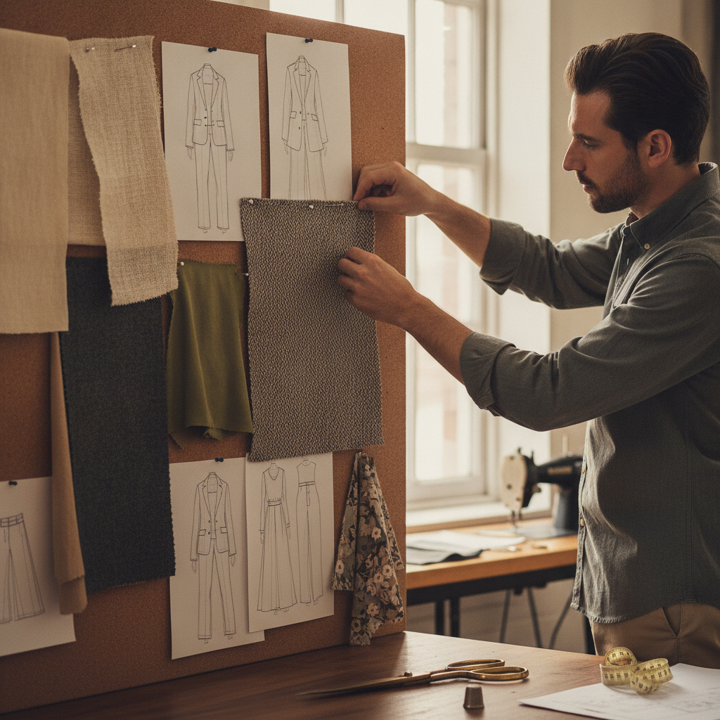 A master tailor pinning fabric swatches and hand-drawn technical flat fashion sketches onto an expansive studio mood board, showing textures of linen, tweed, and delicate shears nearby, shallow depth of field.