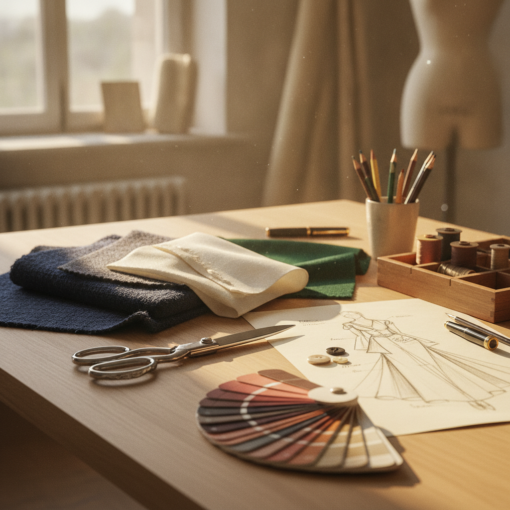 An organized couture atelier worktable with fabric swatches of heavy wool, silk gazar, tailor shears, color chips, and a drafted garment sketch, captured in bright natural morning light, cinematic macro photography.